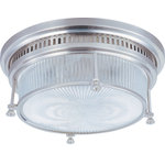 Maxim Lighting International - Hi-Bay 2-Light Flush Mount, Satin Nickel - Shed some light on your next family gathering with the Hi-Bay Flush Mount. This 2-light flush-mount fixture is beautifully finished in satin nickel with glass shades and will match almost any existing decor. Hang the Hi-Bay Flush Mount over your dining table for a classic look, or in your entryway to welcome guests to your home.