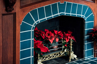 Arts and crafts formal dark wood floor living room photo in Detroit with a standard fireplace and a tile fireplace