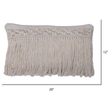 Grey Plaid Fringe Cotton Pillow , Grey, 12"