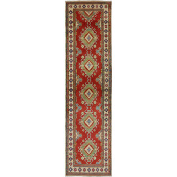 Unique 3'x11' Red & Ivory Super Kazak Runner Hand Knotted Wool Area Rug