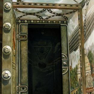 Gerade, Mittelgroße Treppe mit Acrylglas-Treppenstufen, Beton-Setzstufen, Stahlgeländer und Ziegelwänden in Sankt Petersburg