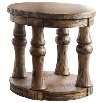 Wooden Round End Table With Open Shelf, Antique Oak