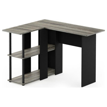 Abbott L-Shape Desk with Bookshelf, French Oak Grey/Black, 17092GYW/BK
