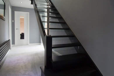 This is an example of a painted wood staircase with glass risers.