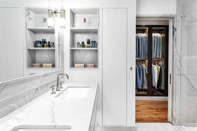 Inspiration for a modern white tile and marble tile double-sink bathroom remodel in Montreal with white cabinets, white walls, an undermount sink, marble countertops, white countertops and a built-in vanity