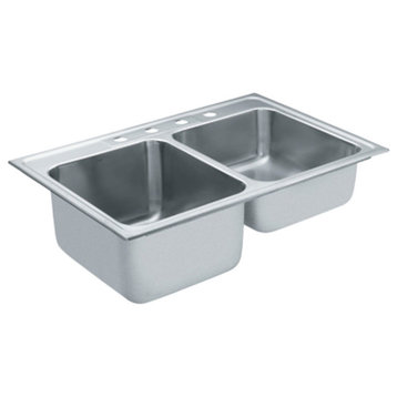 Moen Commercial 22123 33" x 22" Double Bowl Drop-in Kitchen Sink, 11" and 7"