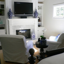 fireplace adjacent shelves