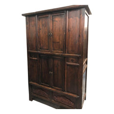 Consigned Rustic Armoire With Shelves, Old Artisan Crafted Cabinet With Drawers