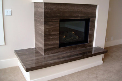 Example of a mid-sized formal carpeted living room design in Detroit with beige walls, a corner fireplace, a tile fireplace and no tv