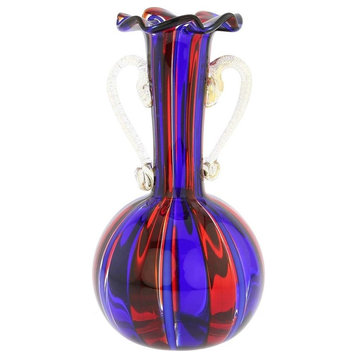 GlassOfVenice Murano Glass Small Vase With Handles - Blue and Red Stripes