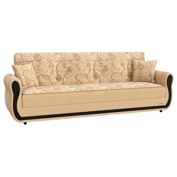Modern Sleeper Sofa, Chenille Seat With Floral Pattern & Round Arms, Beige