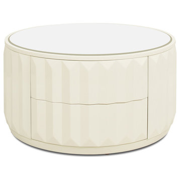 Facino 35.5" Round Storage Coffee Table, White Lacquer Birchwood