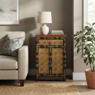 Tibetan Style Geometric Graphic Brown Golden Yellow End Table Nightstand ws4994