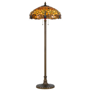Benzara BM223536 2 Bulb Tiffany Floor Lamp  Dragonfly Design Shade, Multicolor