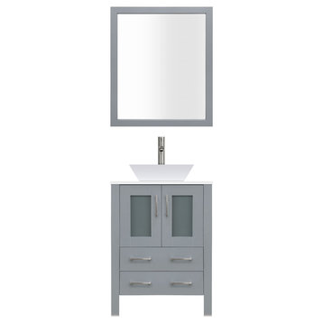 30" Modern Vanity Sink Base, Mirror and Vessel Sink, Gray