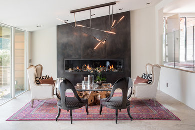 Living room - contemporary living room idea in San Francisco with white walls and a ribbon fireplace