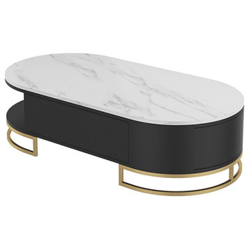 Oval Storage Coffee Table With Drawers Stone Gold Base, White