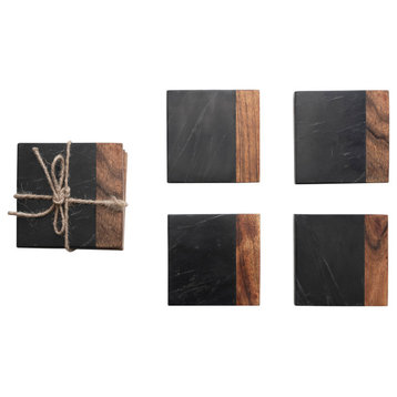 Marble and Acacia Wood 2-Tone Coasters, Black and Natural, Set of 4