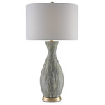 Currey & Company - Rana Table Lamp - A hand applied drip-glaze finish makes the Rana table lamp, made from terracotta, a one of a kind accent. Gray, white and muted greens compose the mossy color palette that is never exactly replicated twice because artisans create these beauties by hand. An interplay of warmth and coolness is introduced by the silver leaf finish on the hardware and a conical Blanco linen shade. The lamp stands 32" tall.
