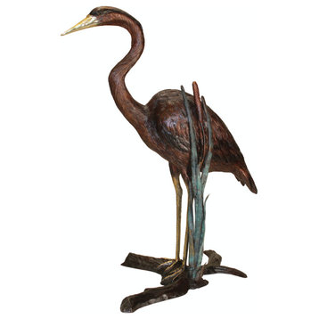 Standing Heron in Reeds Cast Bronze Garden Statue