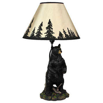 Standing Grizzly Bear Table Resin Lamp with Silhouette Forest Shade