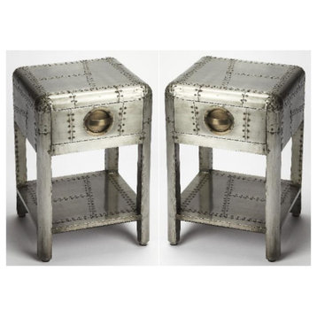 Home Square One Drawer Metal Side Table in Silver - Set of 2