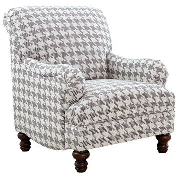 Modern Farmhouse Accent Chair, Turned Feet With Gray Patterned Upholstered Seat