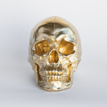 Faux Human Skull, Resin Home Decor, Table Top Skeleton Head, Gold