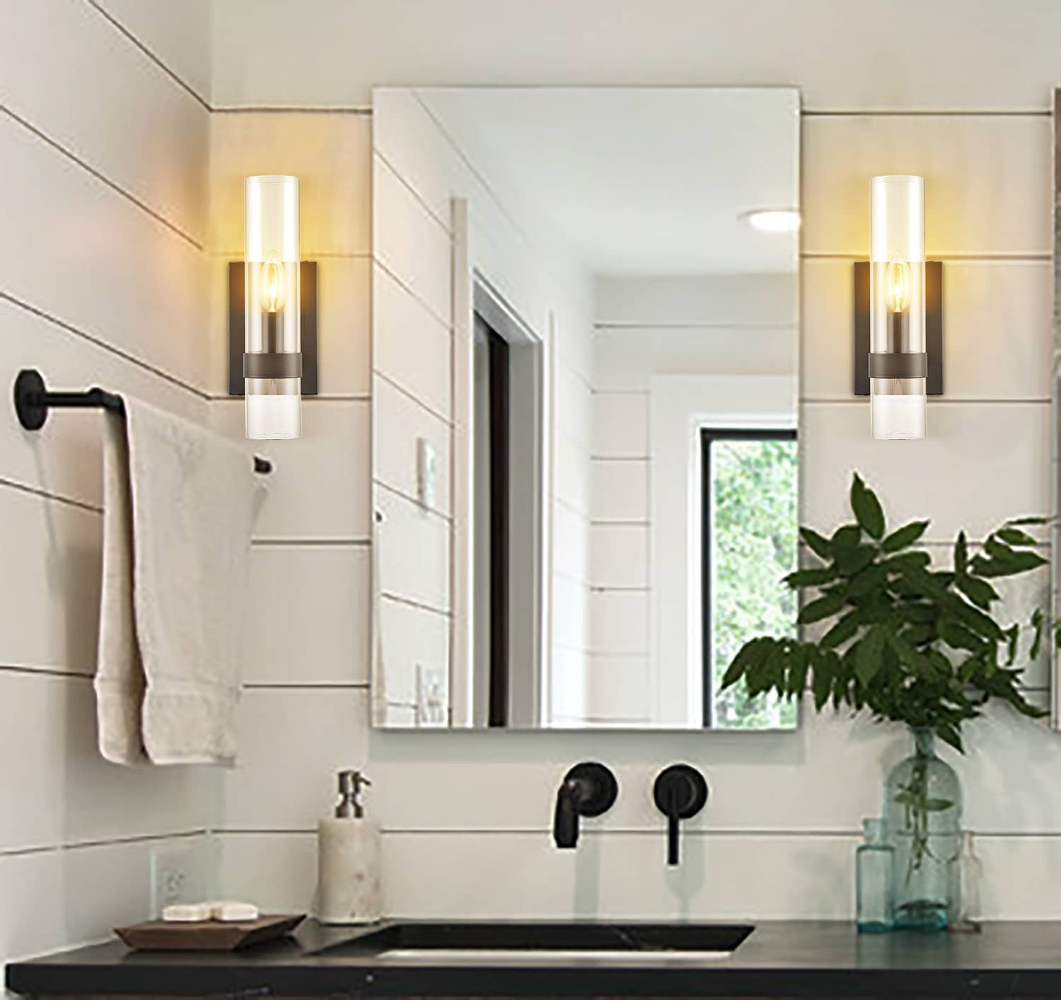 Modern Black Wall Sconce With Cylinder Glass - Transitional - Bathroom ...