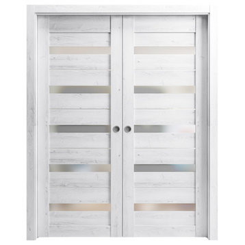 Sliding Double Pocket Doors 36 x 96, Quadro 4445 Nordic White & Frosted Glass