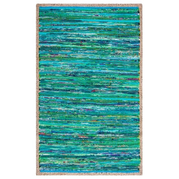 Contemporary Area Rug, Abstract Striped Patterned Cotton & Natural Border, Green