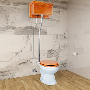 High Tank Toilet Raised Round L-Pipe Dark Oak Finish, Silver