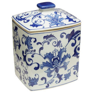 Blue and White Square Jar With Lid