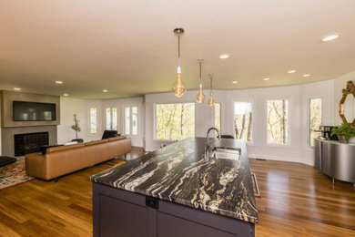 Inspiration for a large contemporary l-shaped bamboo floor and multicolored floor eat-in kitchen remodel in Columbus with an undermount sink, recessed-panel cabinets, black cabinets, granite countertops, multicolored backsplash, granite backsplash, stainless steel appliances, an island and multicolored countertops