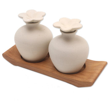 Novica Handmade Blooming Frangipani Ceramic And Teak Wood Bathroom Set