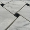 Wide Big Basketweave Carrara White Marble Mosaic Tile Honed Black Dots, 1 sheet