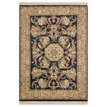 Bareens Designer Rugs - Anarkali Pak Persian Cari Blue/Beige Wool Rug - 4'0'' x 6'1'' - Designed with mesmerizing intricacy and gorgeous color palette, this hand-knotted masterpiece demonstrates the beauty and electrifying thrill of Pak Persian art. These meticulously hand-knotted Pak-Persian rug is made with pure wool and features breathtaking traditional, transitional, and tribal designs in bold luxurious color pallets. Known for their intricate designs these rugs are a reproduction of Persian rugs, made in Pakistan with unique Mughal designs. Made by master weavers using the same Persian texture, design and dying technique, we wanted to produce the most significant manifestation of Persian art, life, and culture. This rug is most famous for its exceptional quality, incredible designs, patterns, and vibrant rich color. Pak-Persian rugs made with Persian weave with high knot counts, which enables the high intricacy and detail found in the patterns are also referred to as "State of art", each color adds a rich beautiful detail in the artwork of this rug. The design, color, and beautiful chromatic composition with a vibrant sheen with intricate designs, exude beauty, elegance, and quality make this rug a masterpiece of its own.