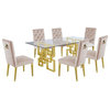 7 Piece Dining Set with Rectangular Clear Glass Top and Gold Stainless Steel