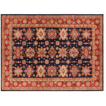 Bareens Designer Rugs - Rustic Super Kazak Ashley Blue/Red Wool Rug 8'2'' x 10'4'' - Embellish your home with this exquisitely hand-knotted Kazak Rug made with the finest hand spun wool and all vegetable dyes. Demonstrating incredible attention to detail, this hand-knotted masterpiece features an intricate Kazak pattern in a classic color palette. Made in the Caucasian designs from Russia and the northern Persian empire, each Kazak incorporates distinctive tribal flavor with elements such as the stepped hooted polygons, geometrical medallions, animals and rosettes. The straight, clean lines and bold tones embody the weaving style of the Armenian and Afghani weavers known for these iconic designs. This magnificent rug featuring soft luscious pile and is made with handspun wool and natural dyes to produces soft luminous shades causing a beautiful sheen. With geometric designs and bold vibrant saturated colors predominately blues, reds, greens, and gold make a bold statement in any decor. The construction technique used ensures that the designs and colors Ae capable to withstand heavy traffic area.