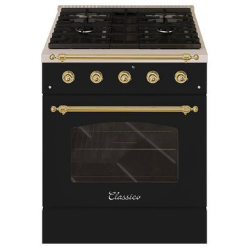 Classico Series 30" All Gas Freestanding Range, Glossy Black With Brass Trim