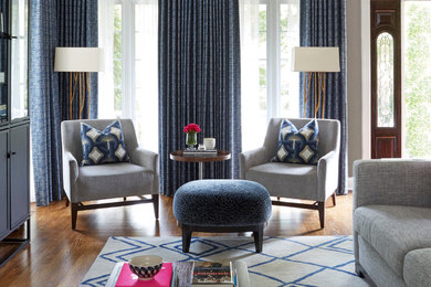 Example of a mid-sized transitional formal and enclosed dark wood floor and beige floor living room design in Chicago with gray walls, a standard fireplace, a tile fireplace and a media wall