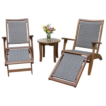 3-Piece Eucalyptus and Wicker Lounger Set With Ottoman and Round Accent Table