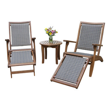 3-Piece Eucalyptus and Wicker Lounger Set With Ottoman and Round Accent Table