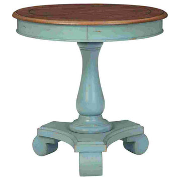 Wooden Accent Table With Round Tabletop, Teal Blue and Brown