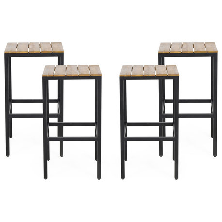 Noe Outdoor Industrial Acacia Wood Bar Stools, Set of 4, Teak Finish/Black