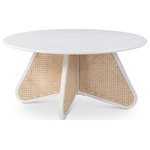 Meridian Furniture - Butterfly Coffee Table, White - Bring impressive style and impeccable beauty to your living room or family room with this Butterfly coffee table. This handsome table is part work of art, part functional addition to your room. An expansive round oak veneer top gives you room for resting a drink or book or setting up your Scrabble board on family game night. Construction with rubberwood and wood products gives this Butterfly table a resilient design, while its natural cane bottom adds a striking visual and instantly draws the eye.