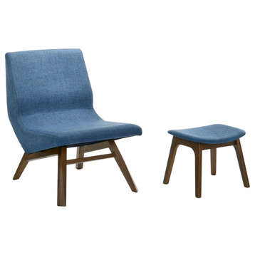 Modrest Whitney Modern Blue and Walnut Accent Chair and Ottoman