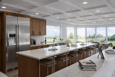 Kitchen - huge modern medium tone wood floor, brown floor and coffered ceiling kitchen idea in San Francisco with a farmhouse sink, shaker cabinets, medium tone wood cabinets, marble countertops, white backsplash, marble backsplash, stainless steel appliances, an island and white countertops
