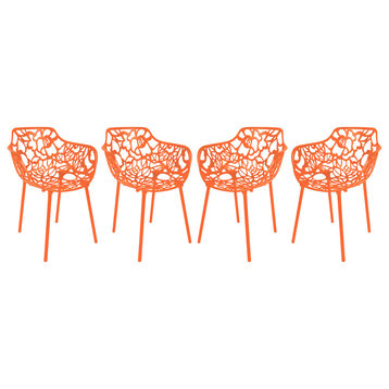 LeisureMod Modern Devon Aluminum Chairs, With Arms, Set of 4, Orange