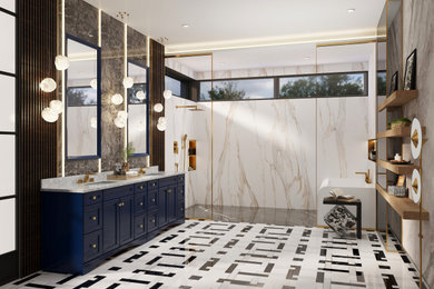 Example of a trendy double-sink bathroom design in Boston with blue cabinets, an integrated sink, marble countertops, gray countertops and a freestanding vanity
